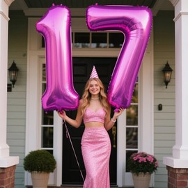 40 Inch Large 17 Balloon Numbers Rose Purple Big Foil Number Balloons Giant Helium Happy Birthday Party Decorations for Man and Women, Huge Mylar Anniversary Party Supplies