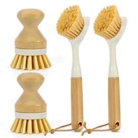 ÖkoStamm 4 PCS Kitchen Dish Scrub Brush Set - Dish Scrubber Brush with Long Handle Build-in Scraper for Stubborn Stains, Kitchen Scrub Bushes with Durable Bristle for Pots, Pans
