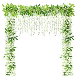WIESSOC 4Pcs Wisteria Artificial Flowers Garlands,Artificial Wisteria Vine Silk Hanging Flower for Wedding Home Garden Outdoor Ceremony Arches Floral Decor (4PCS-White)