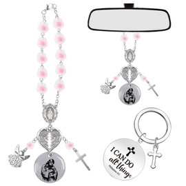 MOIZYNG Car Rosary & Keychain Car Accessories, Christian Jesus Angel Cross Charm Rosary for Rear View Mirror, NFC Bible Verse Rearview Mirror Hanging Accessories for Women Men