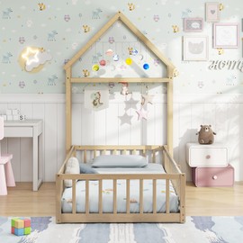 Giantex Twin House Floor Bed for Kids, Wood Montessori Bed Frame with Detachable House-Shaped Headboard, Clothes Hanger & Safety Fence Rails, Without Slats, for Girls, Boys (Natural)