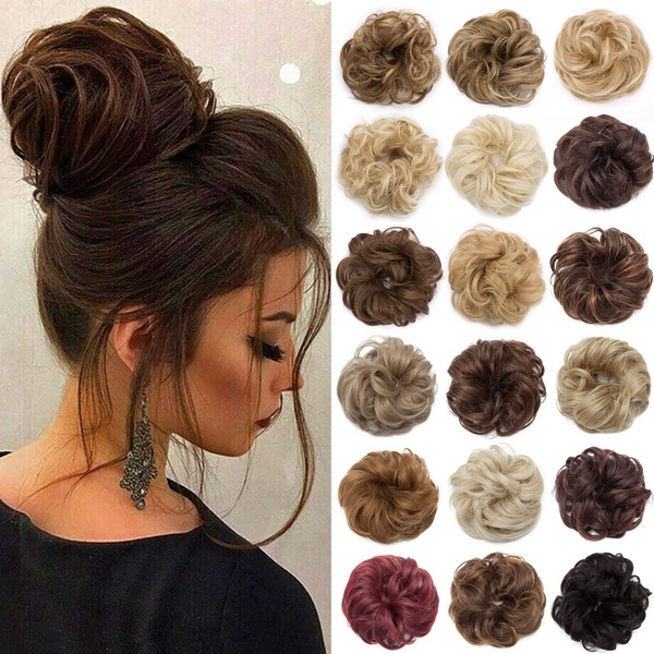 S-noilite Hair Bun Extensions Messy Wavy Curly 2 Pieces Dish Donut Scrunchie Hairpiece Accessories Chignons Updo Ponytail Pony Tail Synthetic Hair Extension for Women Girl -2 Piece 60G Chocelate Brown