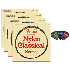 Fender Nylon Classical Strings - Tie End 4-Pack Bundle with 3-Pack Picks