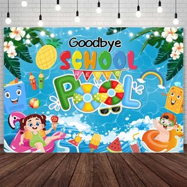 AIBIIN 7x5ft Goodbye School Hello Pool Backdrop Kindergarten Preschool 2025 End of The School Year Photography Background Summer Tropical Splish Splash Beach Pool Party Decorations Banner Photo Props