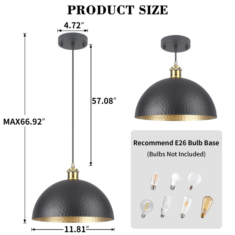 Febeleven Black Farmhouse Pendant Light with Hammered Metal Shade Vintage