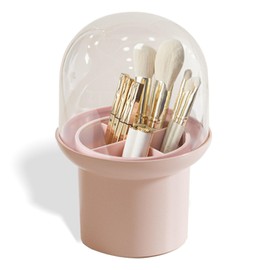 kumet Makeup Brush Holder 4-Slot Organizer Desktop Bathroom Vanity Storage Box for Cosmetics, Nail Polish, and Small Items (Pink)