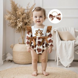 KMBANGI Newborn Baby Girl Football Turkey Romper Long Ruffle Sleeves Little Turkey Onesie Bow Thanksgiving Outfit Fall 0-18M (Khaki, 12-18 Months)
