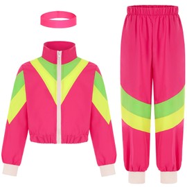 SIZGAROOT 80s 90s Retro Windbreaker Set Girls Workout Costume Outfit Track Suit for Girls (Pink, 5-6 Years)