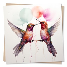Beautiful Blank Watercolour Hummingbird With Balloons - Happy Birthday Card - For Men, Women, Bird Lovers - Made in UK