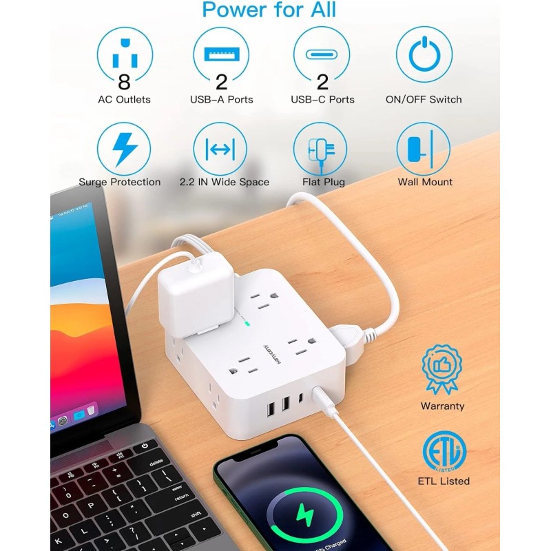HANYCONY Surge Protector Power Strip 8 Outlets 4 USB Ports