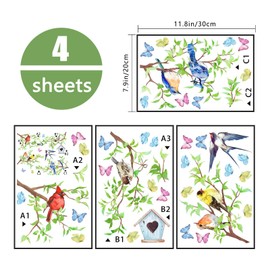 Yovkky Spring Summer Birds Branches Window Clings 4 Sheets, Cardinal Bluebird Swallow Goldfinch Chickadee Robin Stickers Decals Decor, Green Leaves Butterfly Birdhouse Home Kitchen Decorations
