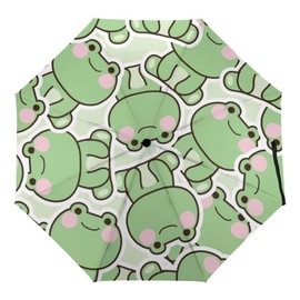 Rnivry Cute Frog Travel Umbrella Kawaii Nature Windproof Compact Automatic Open/Close Folding Rain Umbrellas Collapsible Auto Portable Umbrella for Women Girls Kids