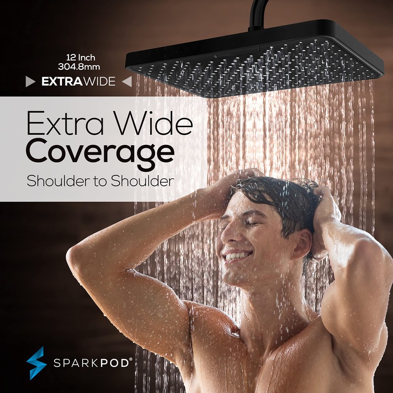 SparkPod 12 Inch Black Rain Shower Head - Ceiling or