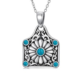 MEIDERBO Western Jewelry for Women Cowgirls 925 Sterling Silver Cow Tag Necklace Daisy Flower Pendant Western Turquoise Gift for Birthday Christmas, 19.6*6.7mm, Sterling Silver, No Gemstone