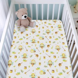 Cartoon Bees Boho Leaves Honey Baby Crib Sheets for Boy and Girl 52"x28" Bees Retro Floral Crib Mattress Sheet Soft Breathable Baby Bed Sheets for Standard Crib and Toddler Mattresses
