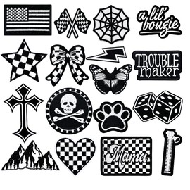 Black and White Iron On Patches 16PCS Trendy Embroidered Appliques for Trucker Hats Clothes,Jackets, Bags,Backpacks,Jeans-Skull,Checkered Heart,Dice,Cross,Butterfly,Gothic DIY Patch Kit