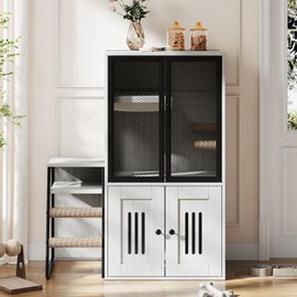 Cat Litter Box Enclosure, Double Layer Enclosed Litter Box Furniture with Door, Cat House with Ladder, White