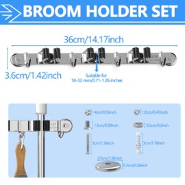 3-H Magnetic Broom Holder Wall Mount 2 Pack, 2-in-1 Dual Mount (No Drill or Screw Fix), 304 Stainless Steel Heavy Duty Magnet Mop Broom Organizer for Kitchen Garden Garage(3 Racks & 4 Hooks, Silver)