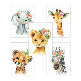 Pandawal Children's Room Decoration Baby Room Pictures Girls and Boys Baby Animals Safari Animals Flowers Elephant Giraffe Zebra Lion Cheetah Set of 5 Poster Set (T15) Children's Poster DIN A4