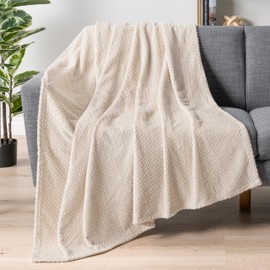 PAVILIA Luxury Soft Plush Cream Throw Blanket for Sofa, Couch | Velvet Fleece Chevron Textured Throw | Cozy Lightweight Microfiber, Reversible Beige Blanket | All Season | 50 x 60 Inches