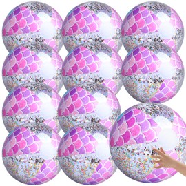 10Pcs Mermaid Beach Ball 16" Glitter Beach Balls Inflatable Confetti Sports Beach Balls Floatable Sequin Beachballs Giant Clear Beach Ball Jumbo Mermaid Pool Toys Summer Water Fun Swimming Party