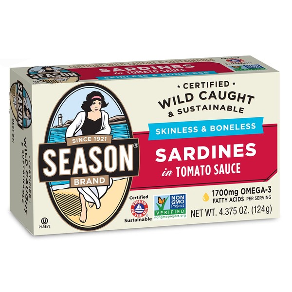 Season Sardines in Tomato Sauce – Skinless & Boneless, Wild Caught, 22g of Protein, Keto Snacks, More Omega 3's Than Tuna, Kosher, High in Calcium, Canned Sardines – 4.37 Oz Tins, 12-Pack