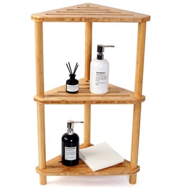 GUGIGIP Bamboo Corner Shower Caddy Stand 3-Tier Waterproof,Free Standing Bathroom Corner Shelf Shower Stool Organizer for Inside Shower,Space-Saving Storage Shower Shelves with Anti-Slip Feet