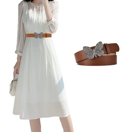 CT COTIM COYIN Women's Faux Leather Belt, Waist Belt With Butterfly Rhinestone Buckle, White