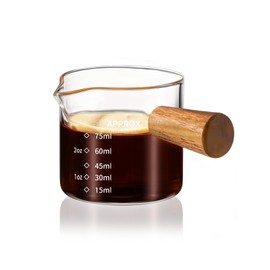 YARRAMATE Espresso Shots Cup with Wood Handle, Clear Glass Espresso Machine Accessories, Espresso Measuring Cup with Dual Scale, Espresso Shot Glass with Single Spout, 3.4 OZ /100 ML