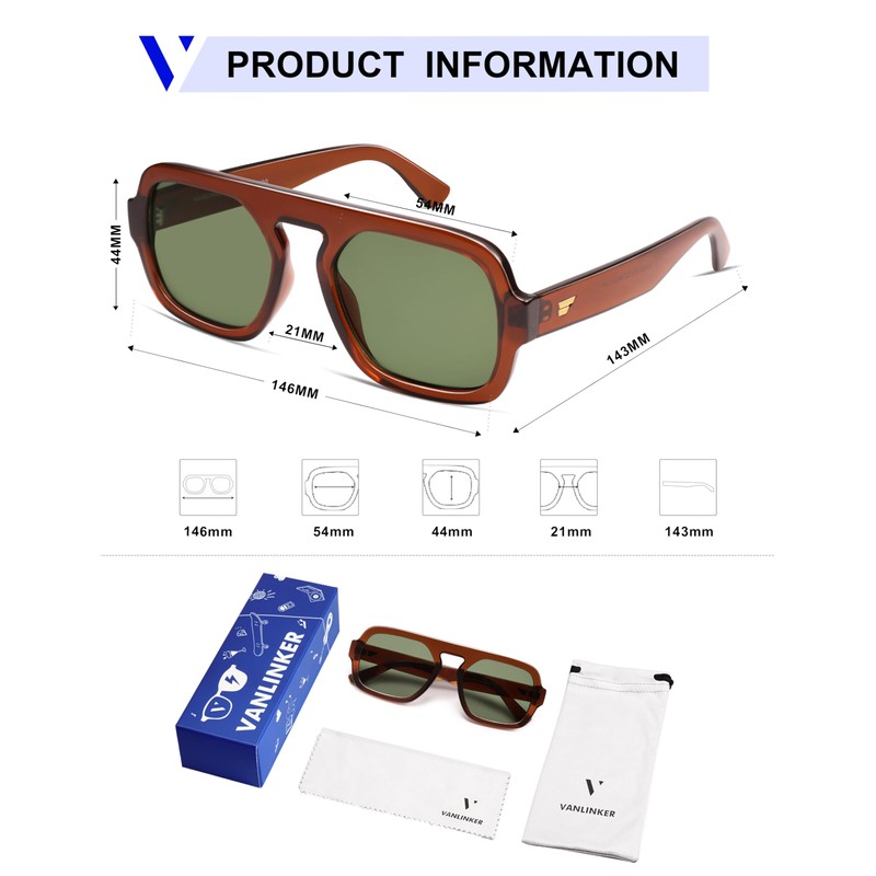 VANLINKER Retro Square Aviator Sunglasses for Women Men 70s Vintage