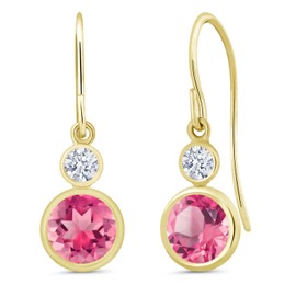 Gem Stone King 14K Yellow Gold Pink Mystic Topaz Drop Dangle Earrings For Women (2.22 Cttw, Gemstone November Birthstone, Round 6MM and 3MM)