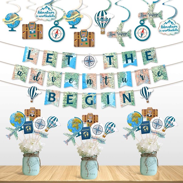 52 PCS Travel Themed Party Decorations Set Let the Adventure Begin Banner Centerpieces Sticks Hanging Swirls for Bon Voyage Retirement Farewell Party World Awaits Birthday Baby Shower Decor Supplie