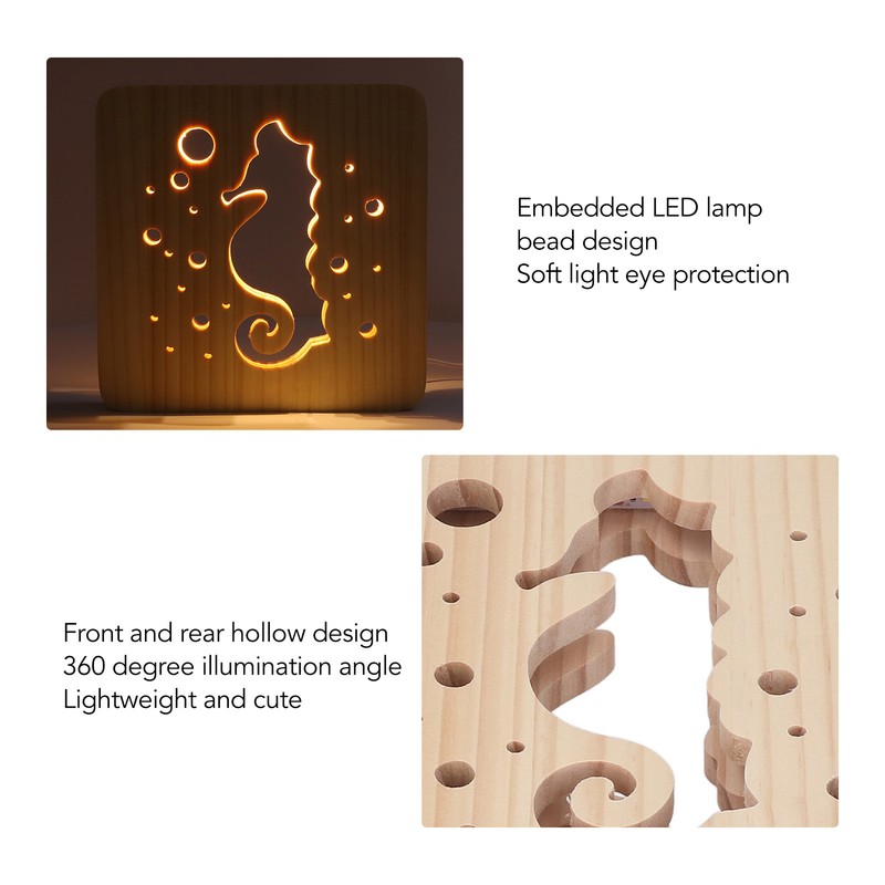 Wooden 3D LED Light Hollow Seahorse Pattern USB Power Supply