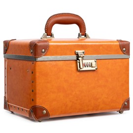 urecity Vintage Makeup Train Case, Orange Artificial Leather, Professional Cosmetic Organizer with Metal Combination Lock, Multifunctional Storage Box