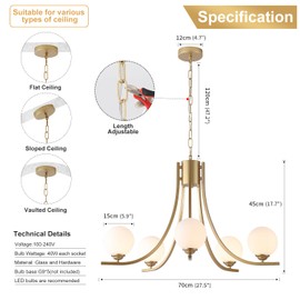 Modern Sputnik Chandelier,Gold Farmhouse Chandeliers for Dining Room with Milk Glass Globe Shades,Mid Century Pendant Light Fixtures for Kitchen Island Living Room, Bedroom,Staircase, Entryway, Foyer
