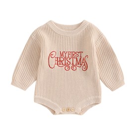 HZPHQY My First Christmas Baby Boy Girl Outfit Knit Romper Onesie Toddler Infant Long Sleeve Xmas Sweater Jumper Clothes (A Beige My First Christmas, 0-3 Months)