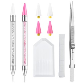 LIGHT RAIN Rhinestone Picker Tool - 2 Pcs Dual-head Pen with 4 Wax Tip, and Precision Jewelry Tweezers Kit for Pick Up Nail Art Gems, Stone, Crystals, White and Pink