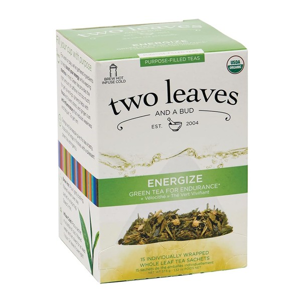 Two Leaves and a Bud Organic Energize Green Tea Bags, Green Tea for Endurance, Whole Leaf Green Tea in Sachets, 15 Count (Pack of 1)