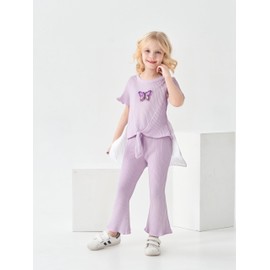 Malerotpc Kid Young Girl Clothes Butterfly Patch T-Shirt And Jogger Pants Ribbed 2PC Summer Fall Outfits Set(7-8T)