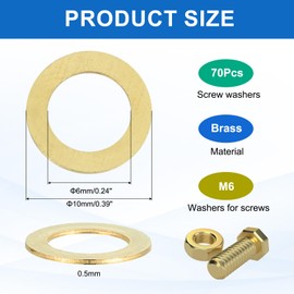 MECCANIXITY 70 Pack Brass Flat Washer, M6 Copper Washers Crush Washer Kit Assortment, 6mm ID, 10mm OD, 0.5mm Thick for Bolts Screws Machinery Repair, Outdoor Construction