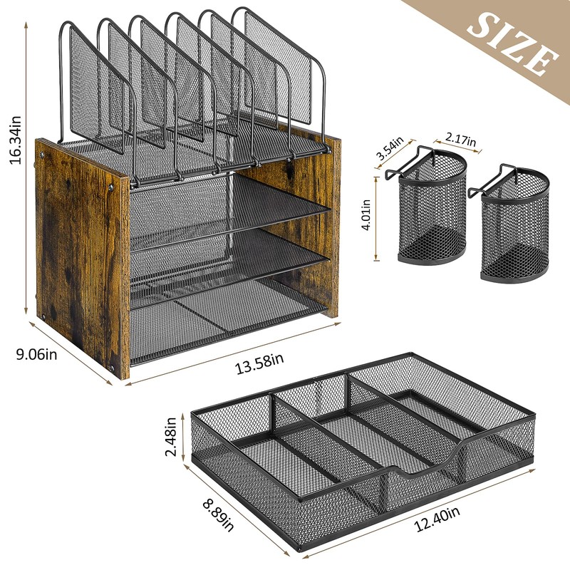 4-Tier Mesh Desk Organizer, Wooden Desk File Organizer with 5
