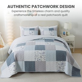 SLPR Coastal Dream Cotton Pieced Quilt Set - Twin Size with 1 Sham, Soft Purple & Blue Patchwork Quilted Bedspread, Farmhouse Country Style Bedding for All Seasons
