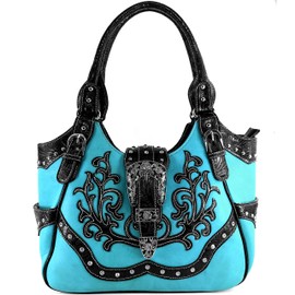 Justin West Tooled Laser Cut Leather Floral Embroidery Rhinestone Buckle Studded Shoulder Concealed Carry Tote Style Handbag Purse (Turquoise Purse)