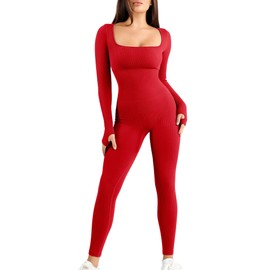 Popilush Red Jumpsuits for Women Long Sleeve Built-In Bra Square Neck Full Length Leggings Bodycon Stretch Workout Outfits