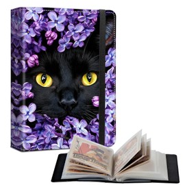 Photo Album 5x7 Inch 60 Pockets,PU Leather Cover with Elastic Band,Waterproof PP Pages for Wedding Albums,Baby Memory Books & Family Archives,Black Cat Purple Flower