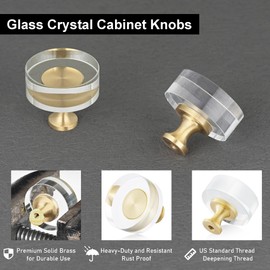 QOGRISUN 5-Pack Brass Crystal Cabinet Knobs,Glass Crystal Gold Drawer Knobs,1-1/4-Inch Round, Decorative Dresser Pulls, Modern Cabinet Hardware