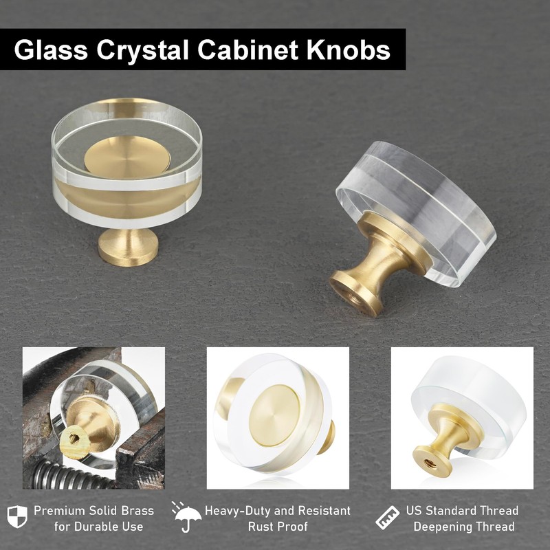 QOGRISUN 5-Pack Brass Crystal Cabinet Knobs,Glass Crystal Gold Drawer Knobs,1-1/4-Inch