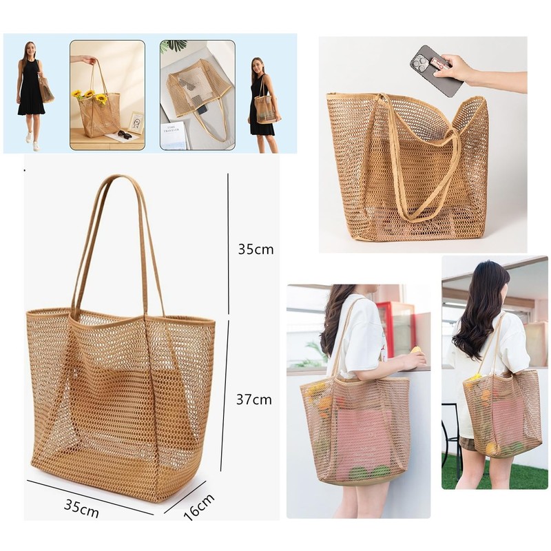 Youngfull Mesh Tote Bag, Foldable, Lightweight, Pool Back, Large Capacity,