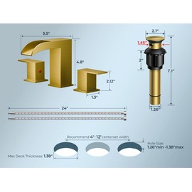 QFN Waterfall Bathroom Faucet 3 Hole 8" Widespread Brushed Gold 2 Handle