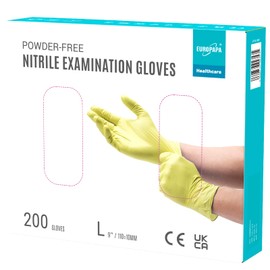 EUROPAPA® 200 Disposable Nitrile Gloves, Powder-Free, Examination Gloves, EN455, EN374, Latex-Free, Sizes S, M, L & XL Available (L, Yellow)